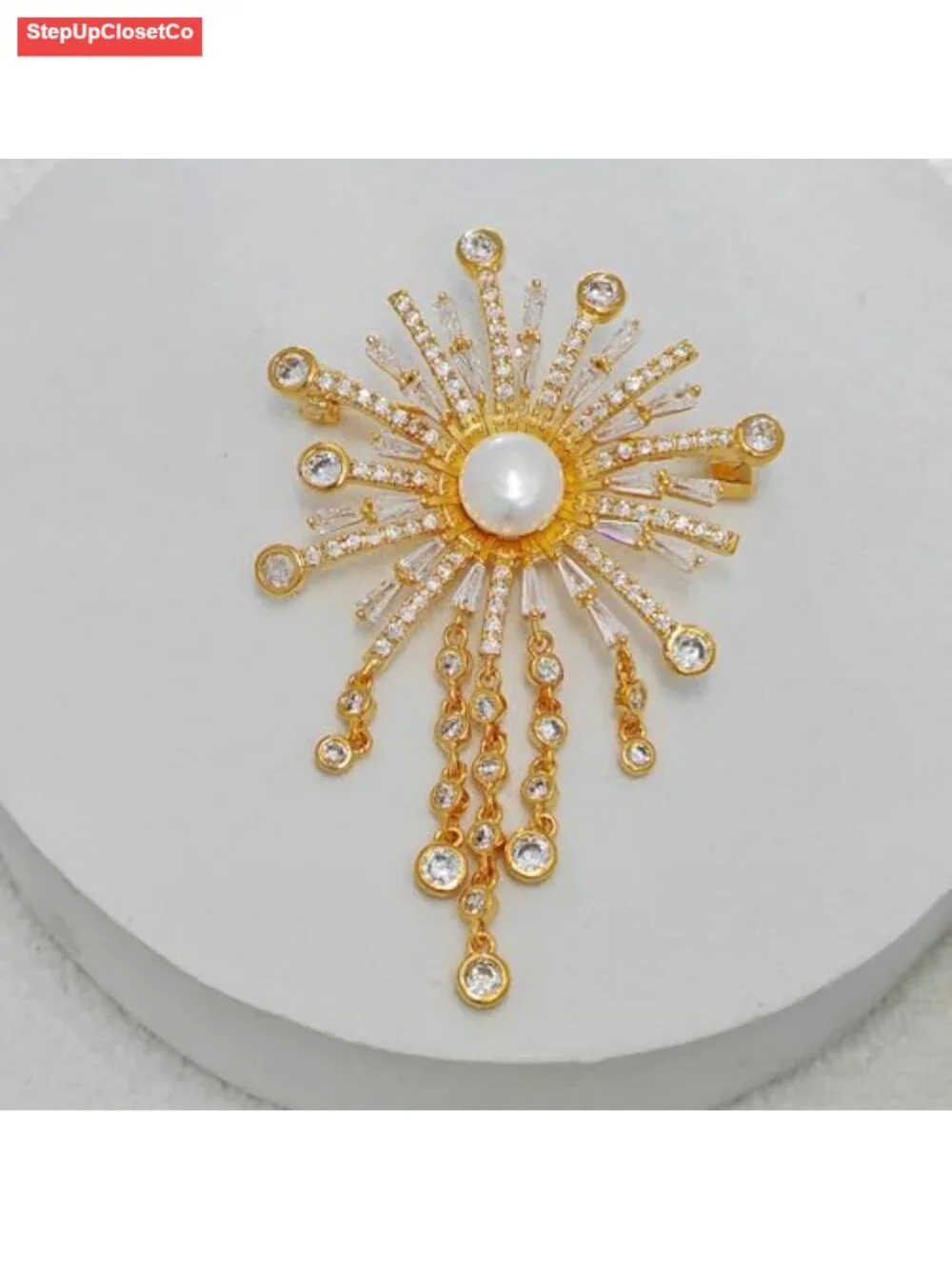 Cubic Zircon Pearl Sunburst Brooch Fringe Tassel Pin